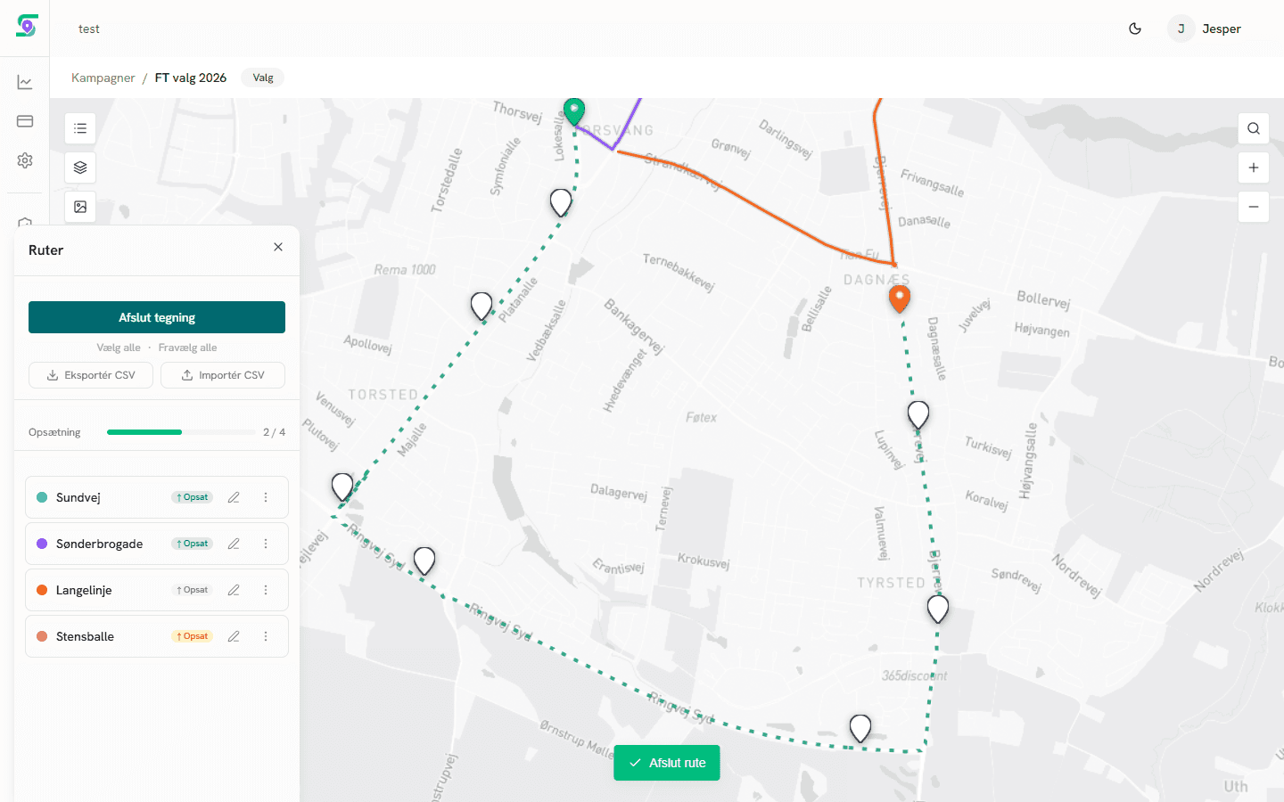 Korteditor med rute under tegning og waypoints