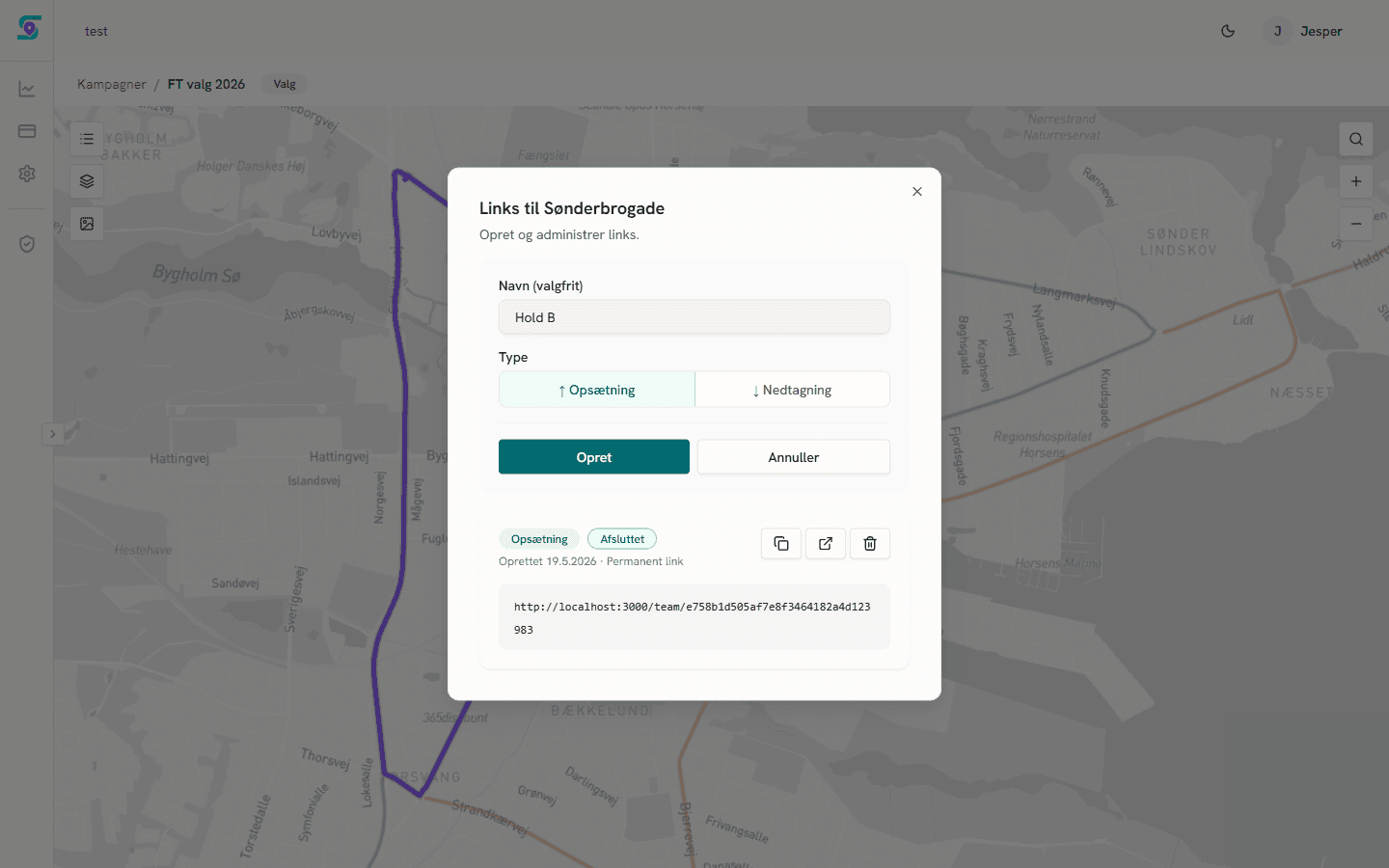 Deling af rute via link til felthold