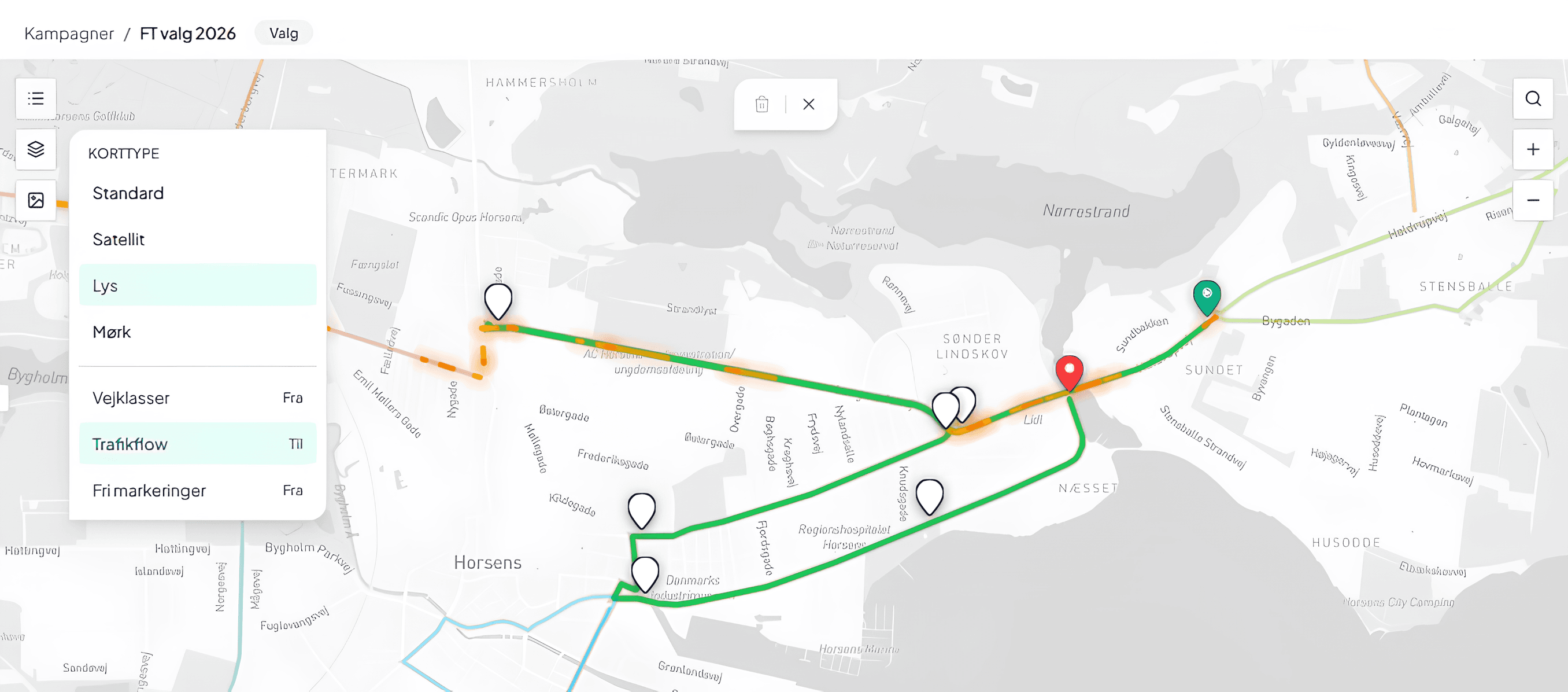 Kortvisning med ruter og markørstatus