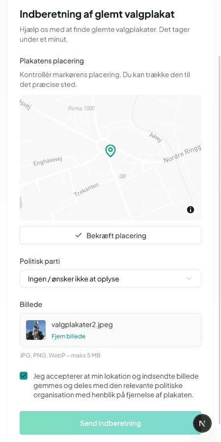 Sporbar indberetningsformular på mobil — kort, partivalg og foto